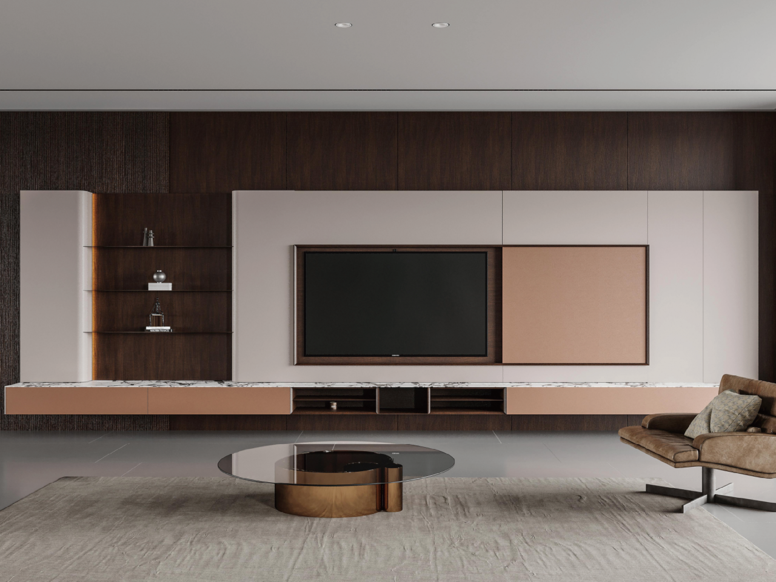 Modern Luxury Dark Wood Veneer Floating TV Wall Panel-PATTAYA