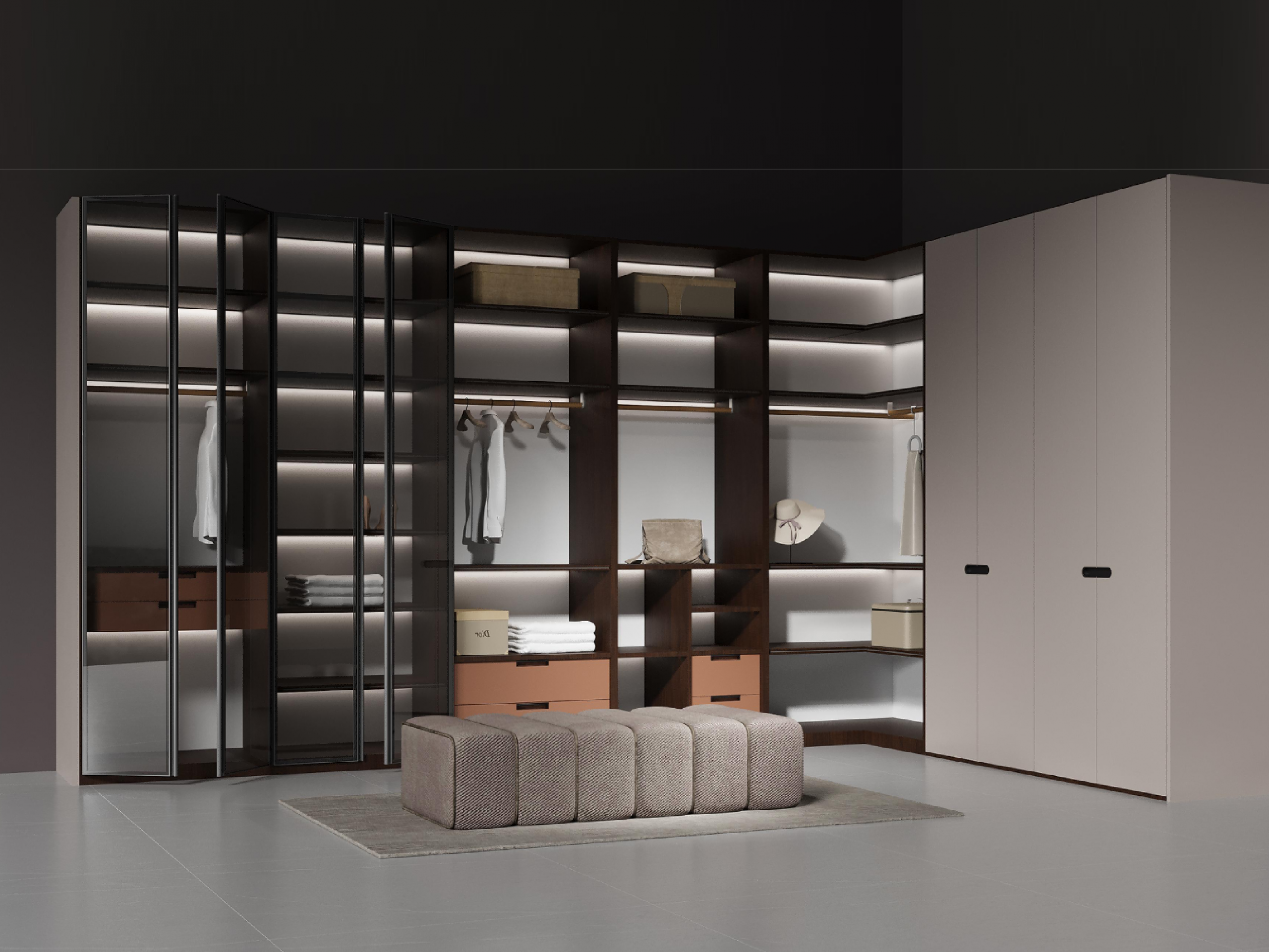 Modular L-shaped Walk-in Closet System with Aluminum Frame Glass Doors-PATTAYA