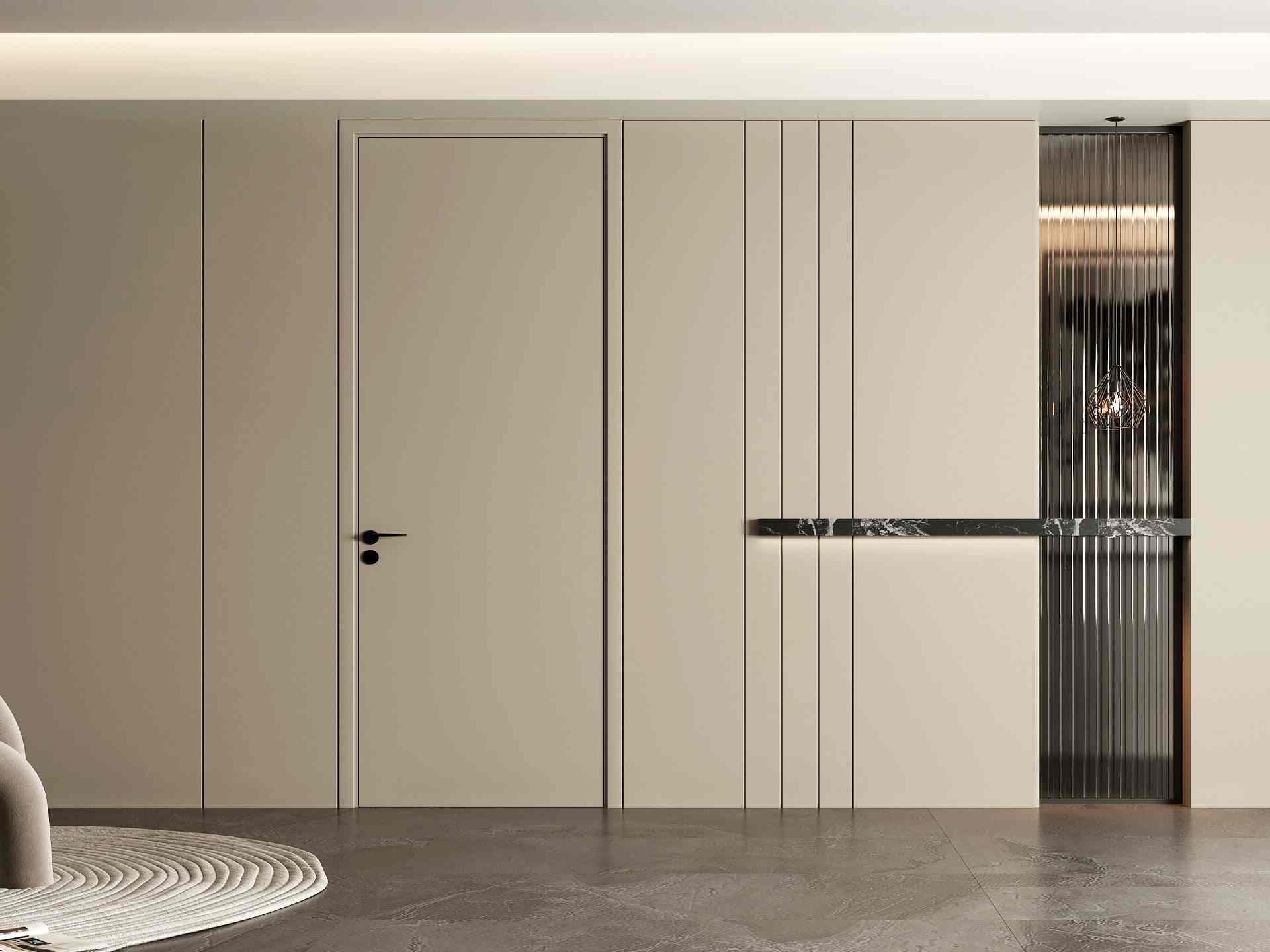 Custom Modern Light Beige Melamine Flush Interior Door with Wall Panel Integrated for Residential Use - MF-1001A