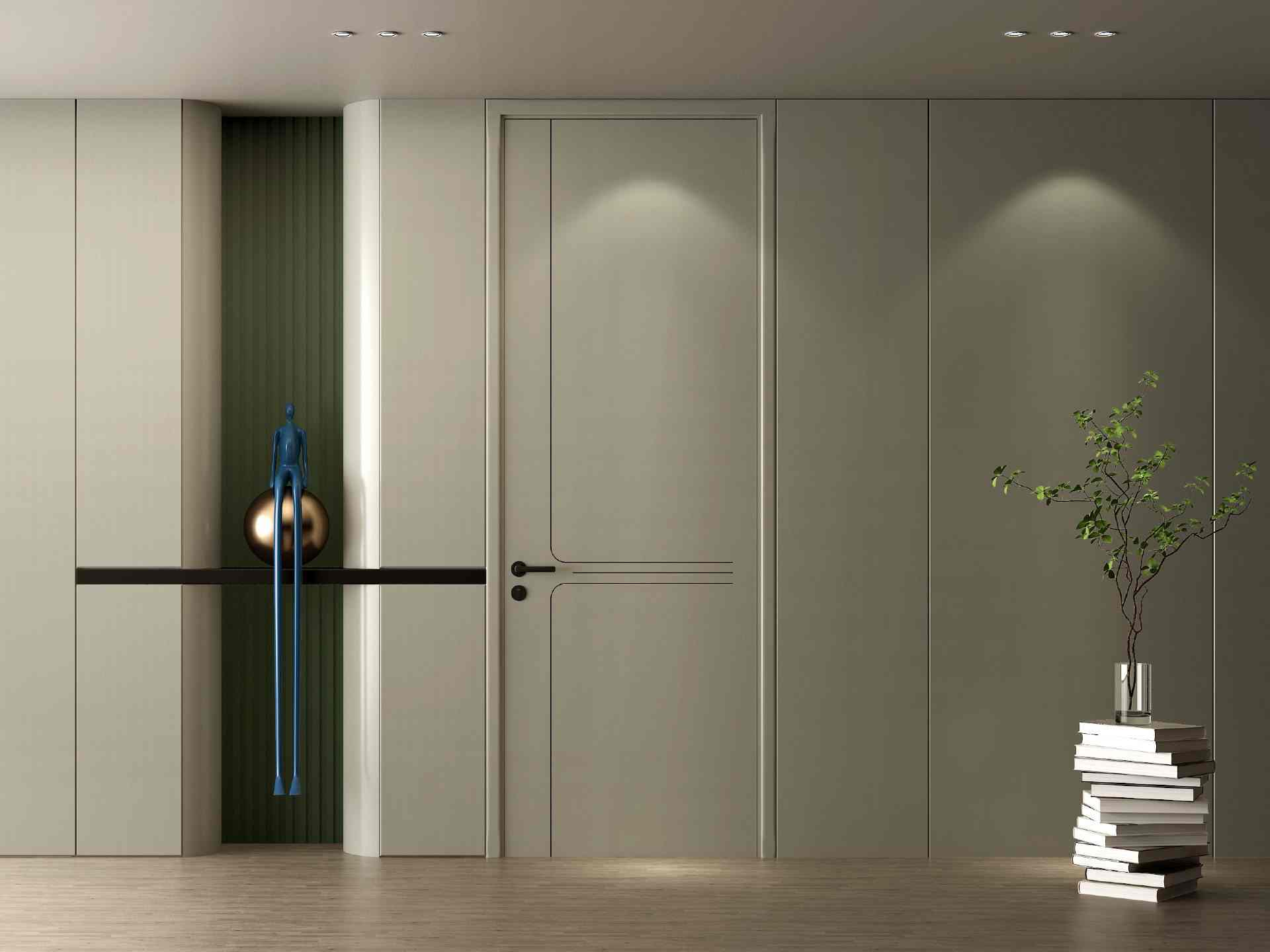 Custom Modern Light Khaki Melamine Interior Door with Simple Line Molding, Wall Panel Integrated for Residential Use - MF-2005A