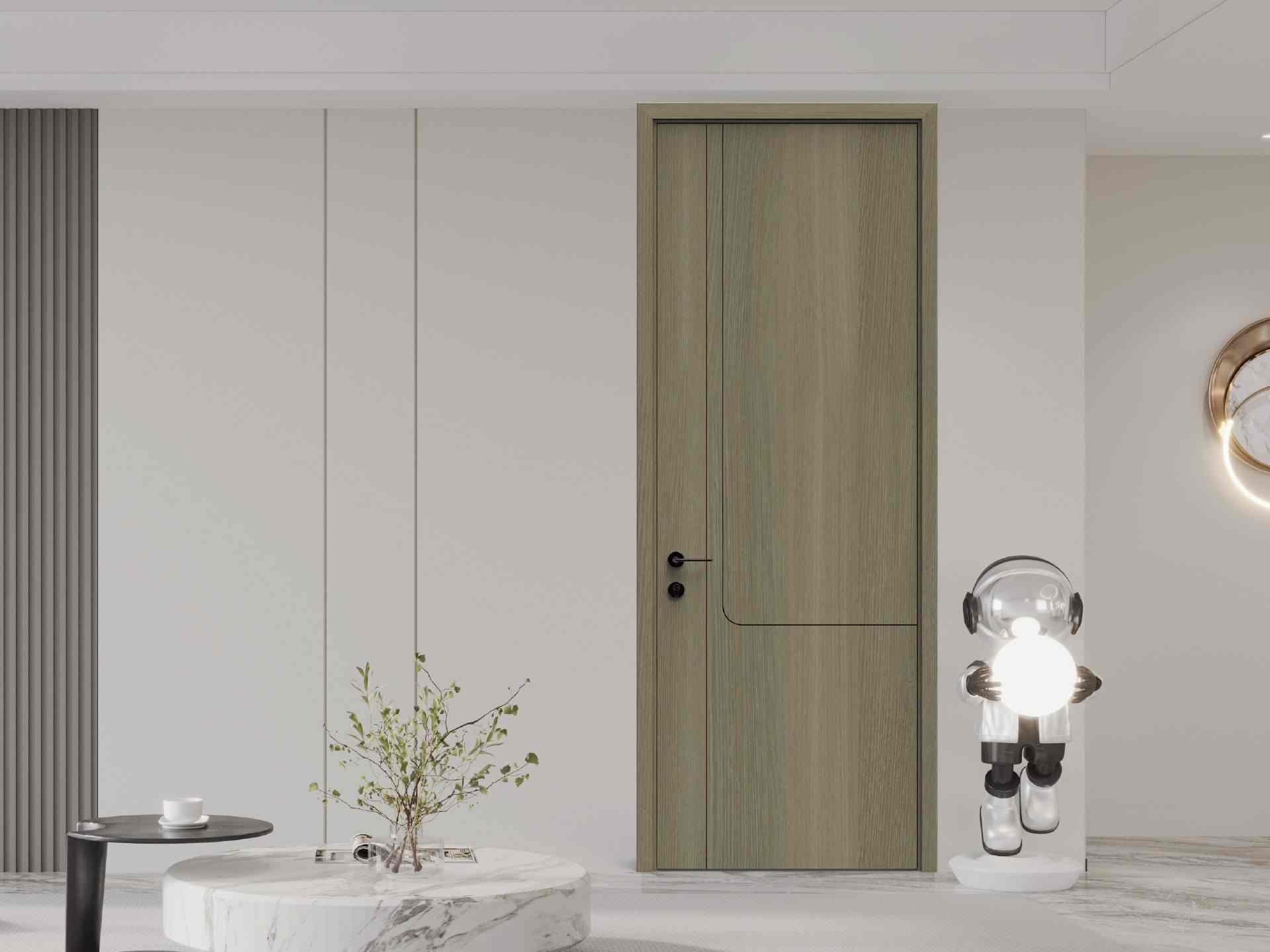 Custom Modern Oak Grain Melamine Interior Door with Geometric Line Design, Wall Panel Integrated for Residential Use - MF-2007A
