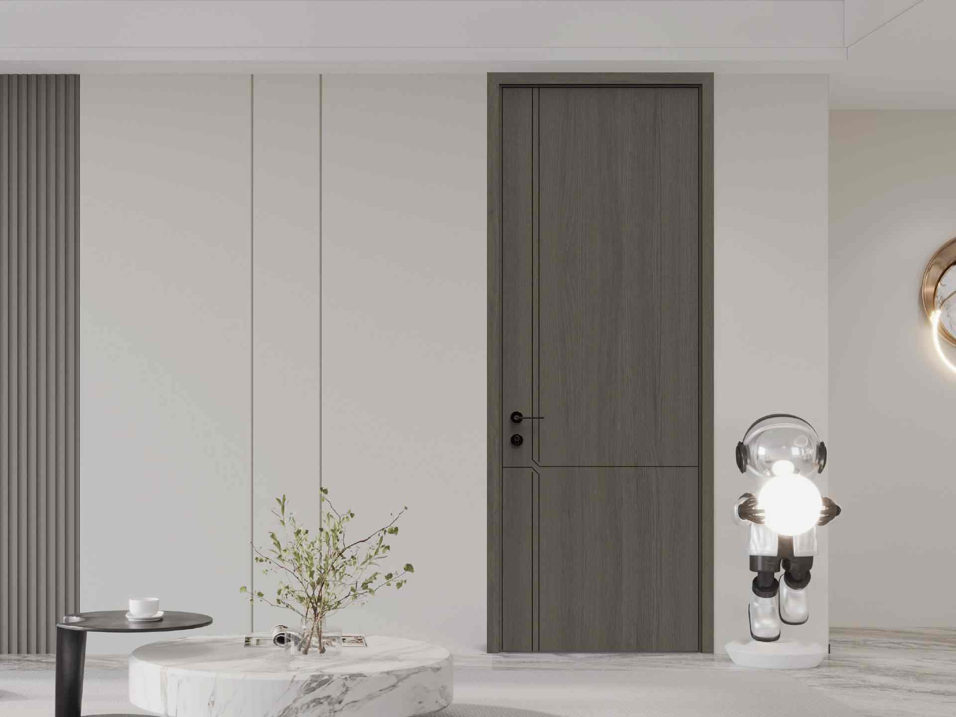 Custom Modern Dark Oak Grain Melamine Interior Door with Geometric Line Design, Wall Panel Integrated for Residential Use - MF-2008A
