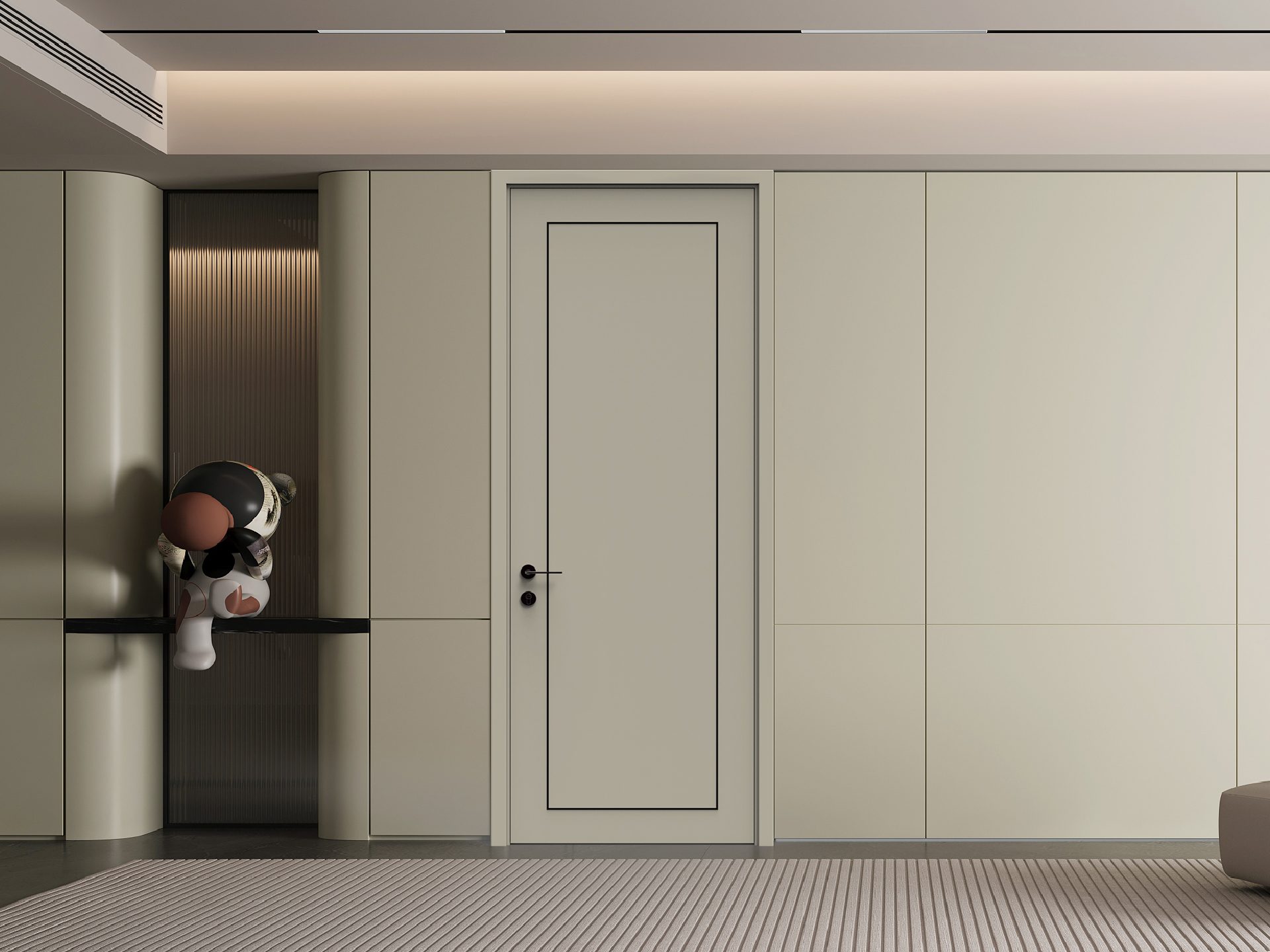 Custom Modern Cream White Melamine Interior Door with Simple Metal Inlay Line, Wall Panel Integrated for Residential Use - MF-8002A
