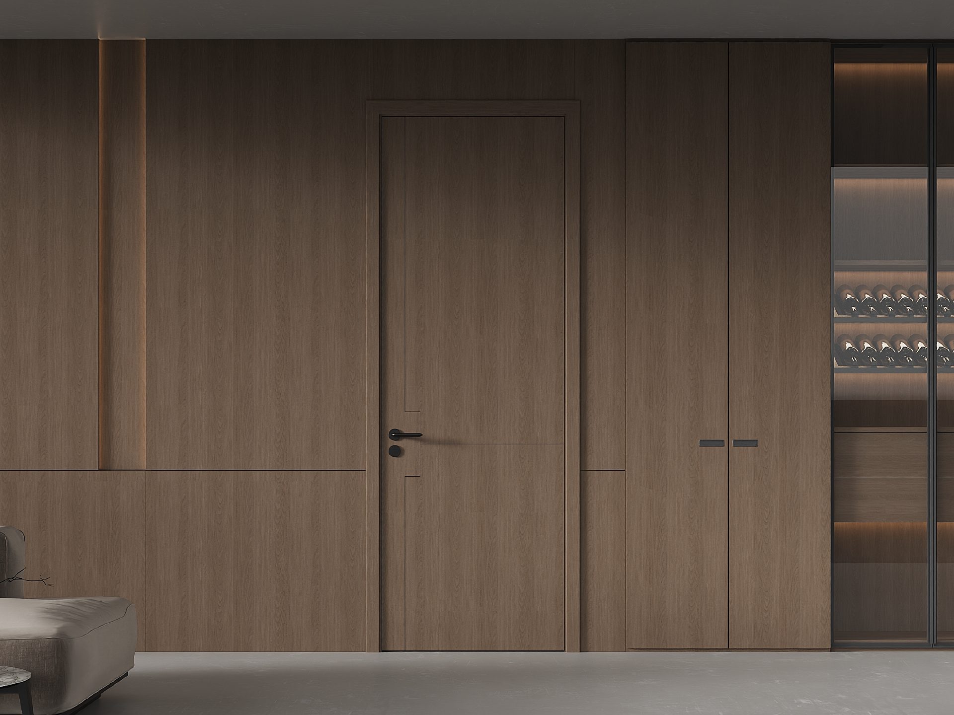 Custom Modern Natural Oak Grain Melamine Interior Door with Simple Geometric Cut, Wall Panel Integrated for Residential Use - XUANMU A301