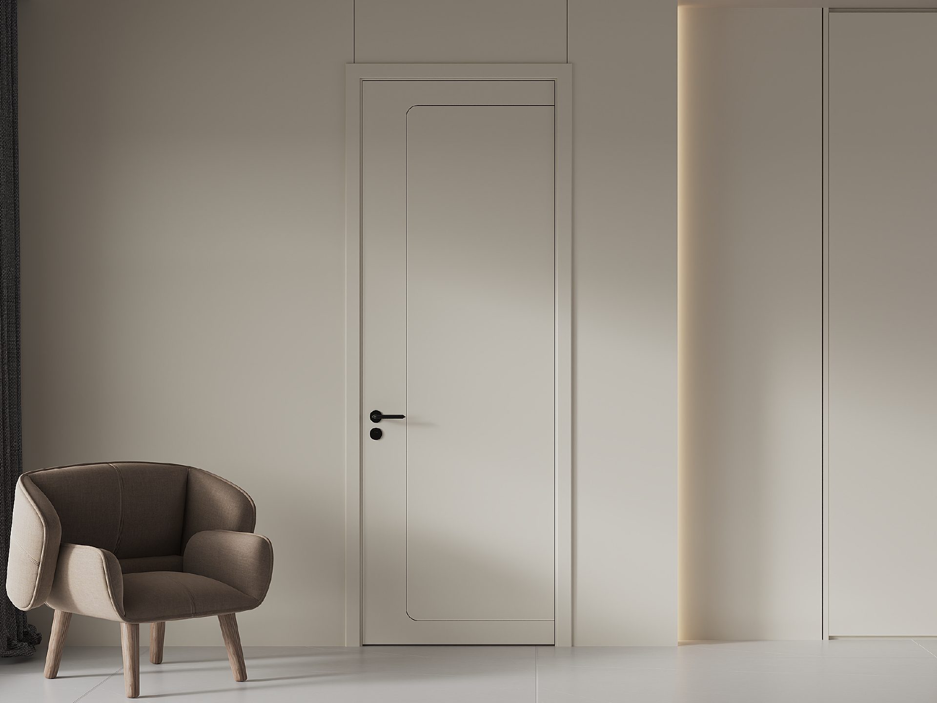 Custom Modern Cream White Melamine Interior Door with Curved Recessed Line, Wall Panel Integrated for Residential Use - XUANMU A303