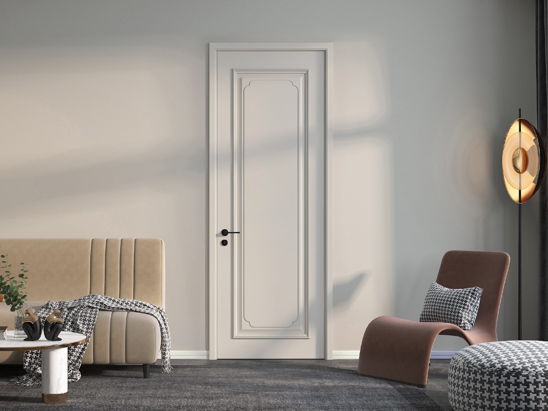 Custom Modern Warm White Painted Interior Door with Single Rectangular Molding Frame, Wall Panel Integrated for Residential Use - GE003