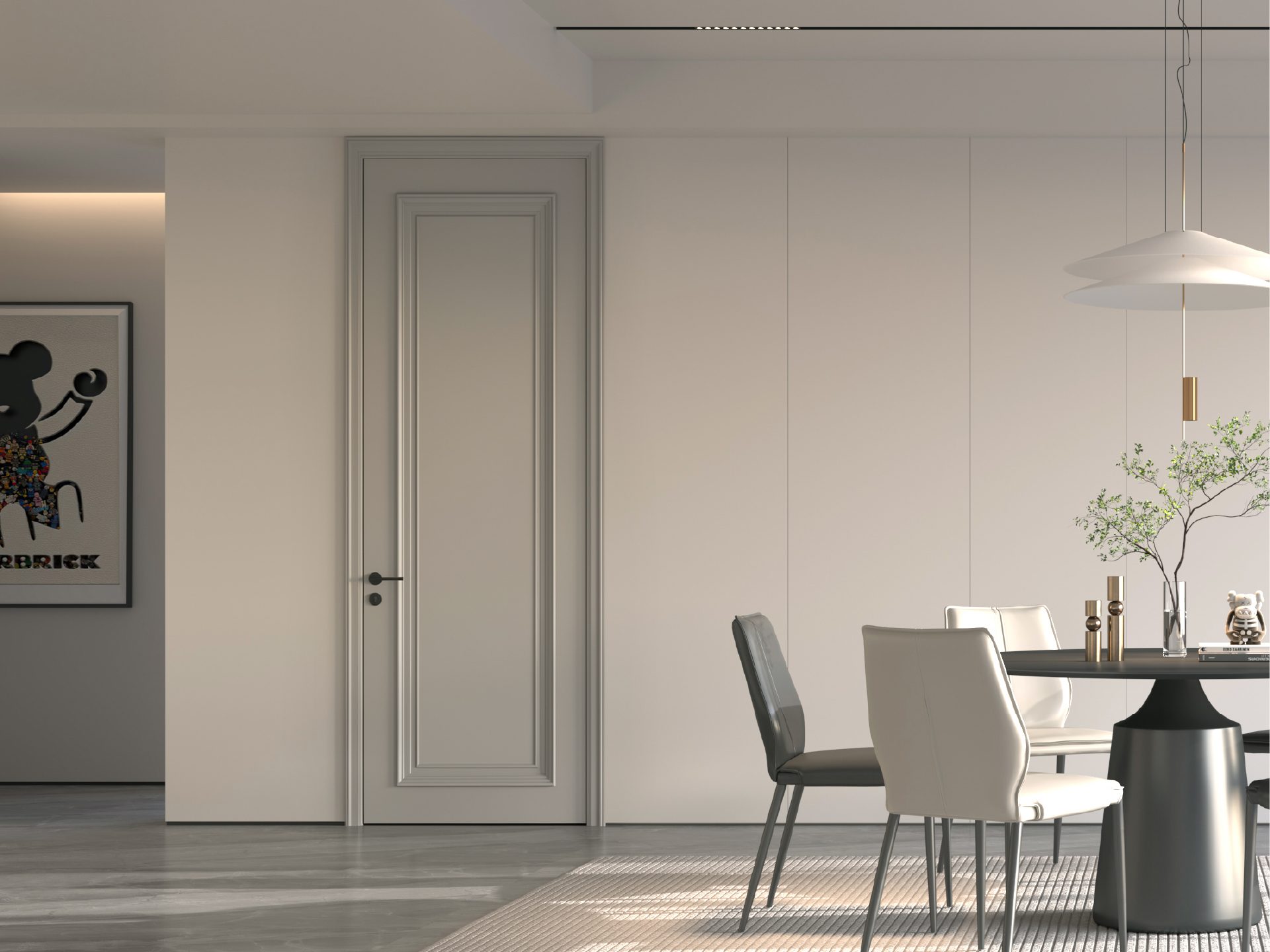 Custom Modern Light Grey Painted Interior Door with Single Rectangular Molding Frame, Wall Panel Integrated for Residential Use - GE011