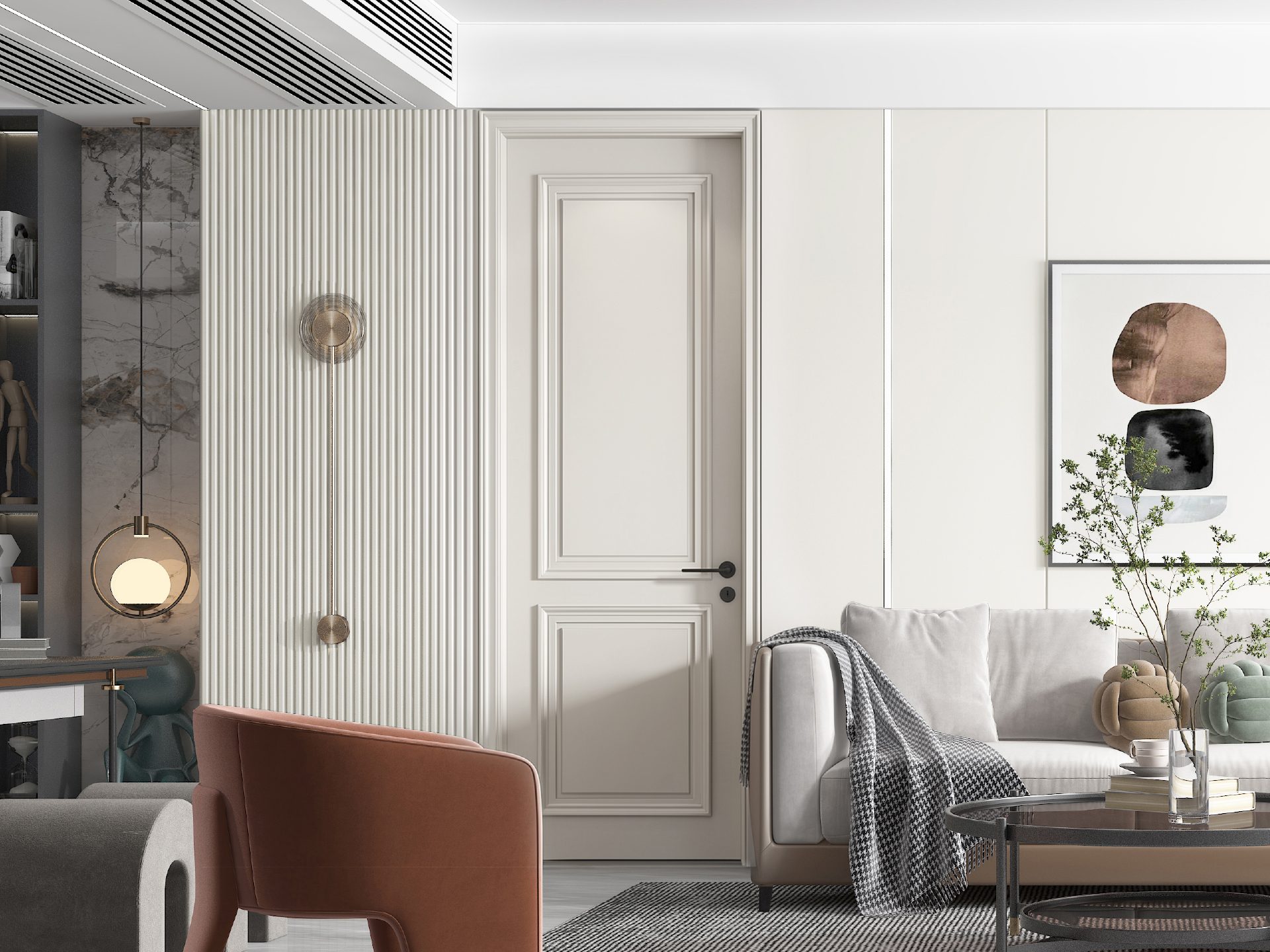 Custom Modern Warm Beige Painted Interior Door with Double Rectangular Molding Frame, Wall Panel Integrated for Residential Use - GE012
