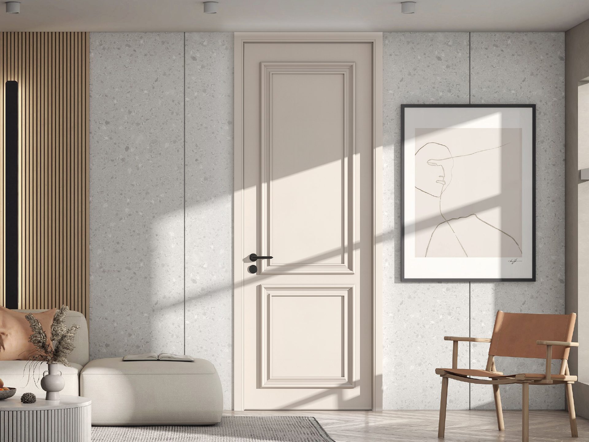Custom Modern Light Milk Tea Painted Interior Door with Double Rectangular Molding Frame, Wall Panel Integrated for Residential Use - GE014Z