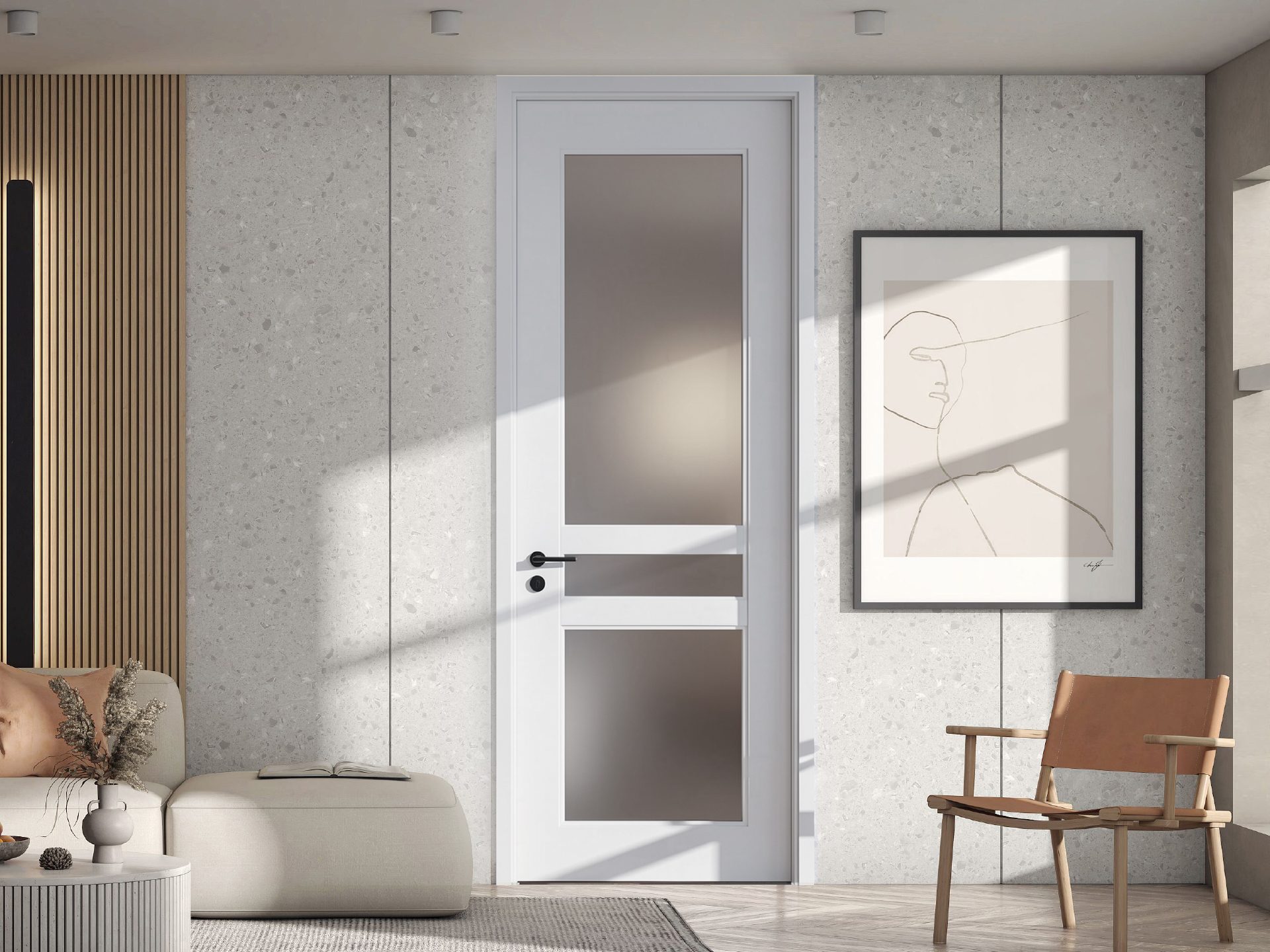Custom Pure White Painted Interior Door with Frosted Glass Segmented Panels, Wall Panel Integrated for Residential Use - GL005