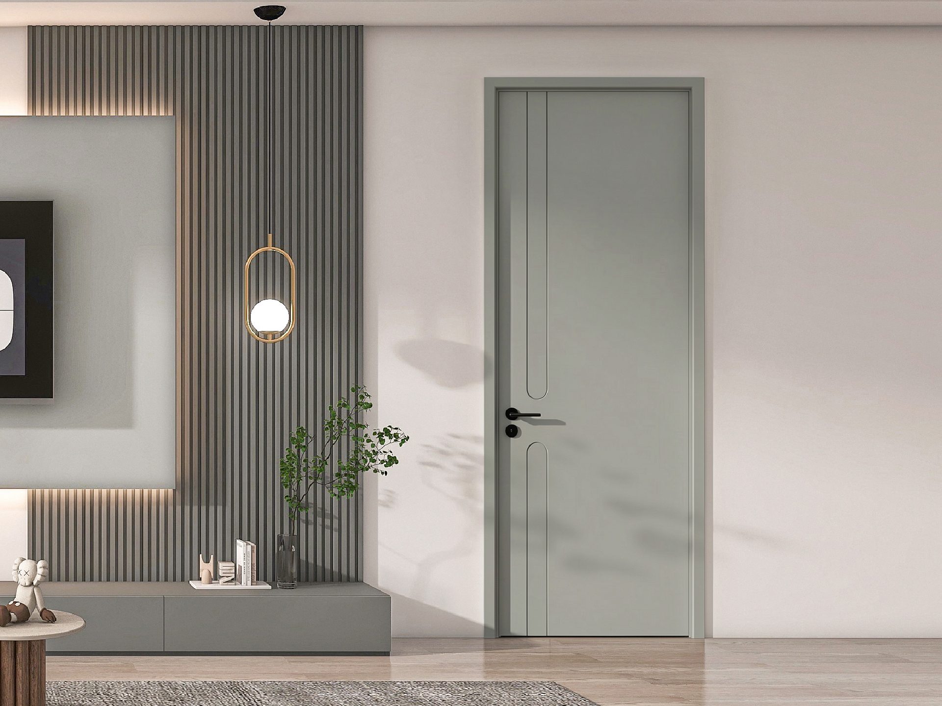 Custom Modern Grayish Green Painted Interior Door with Thin Vertical Groove Flat Panel, Wall Panel Integrated for Residential Use - GL006
