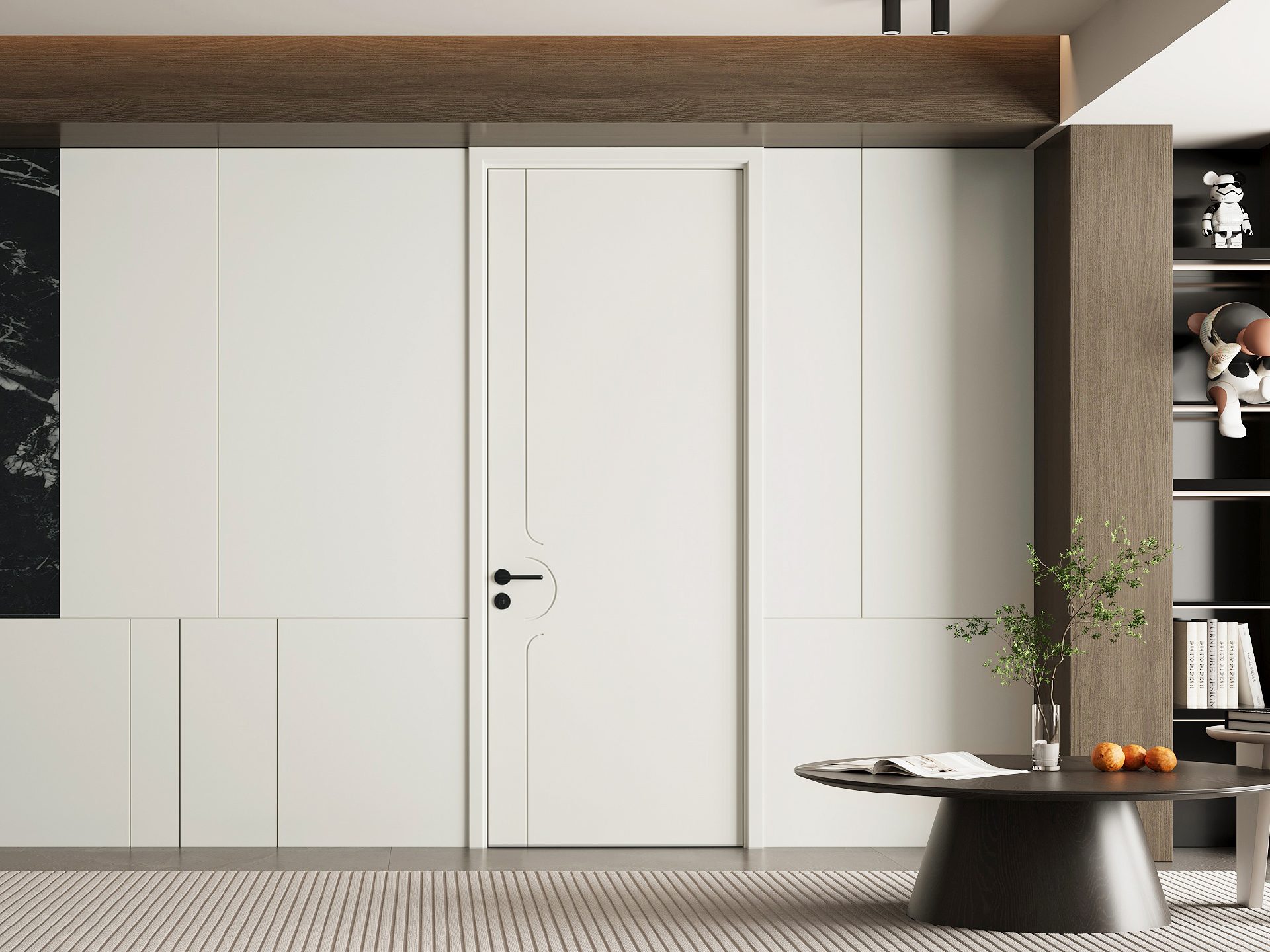 Custom Modern Off White Painted Interior Door with Gentle Curved Recessed Flat Panel, Wall Panel Integrated for Residential Use - GL008