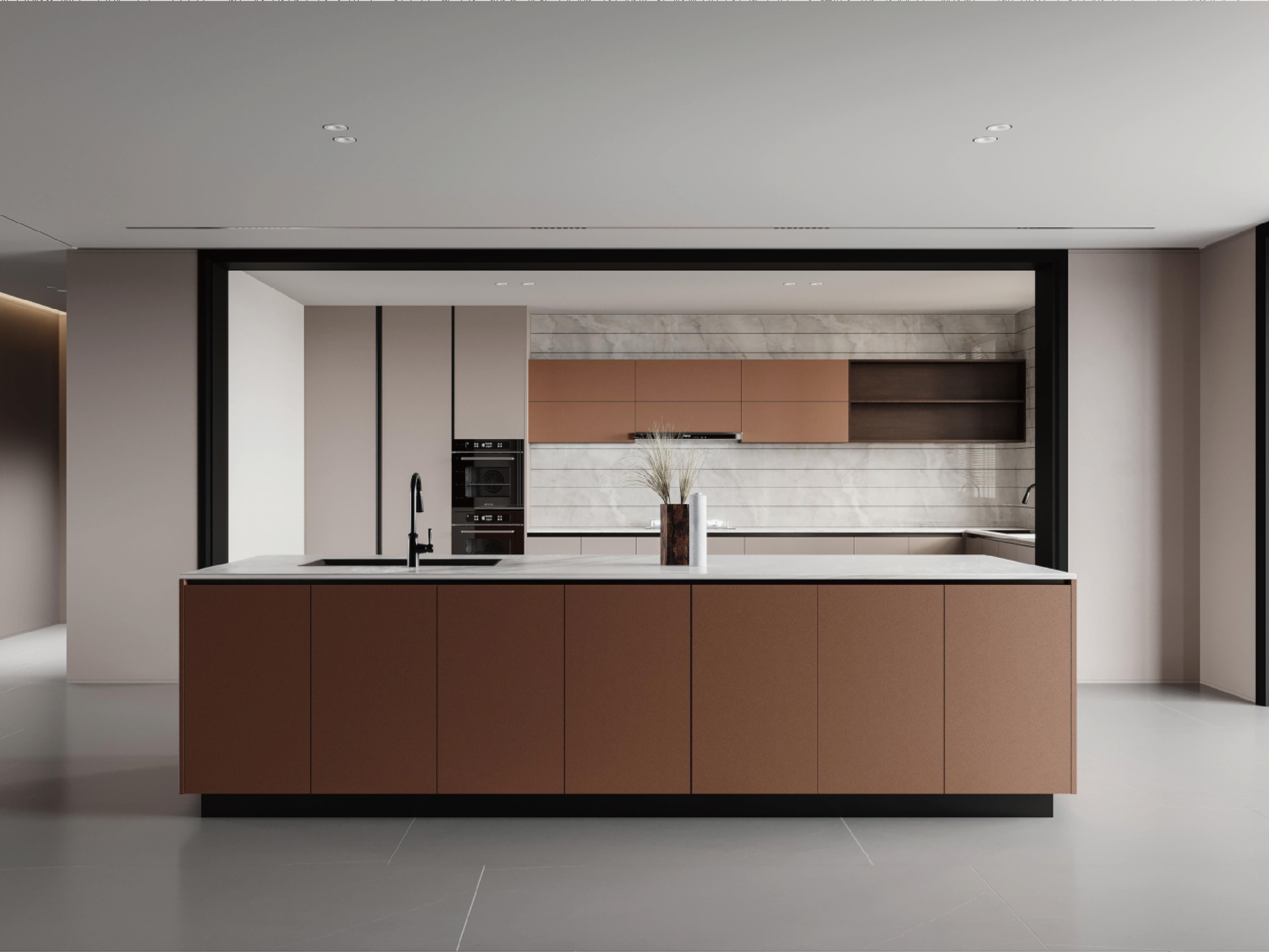 Modern Luxury Terracotta Brown Matte Handleless Kitchen Cabinet with Island