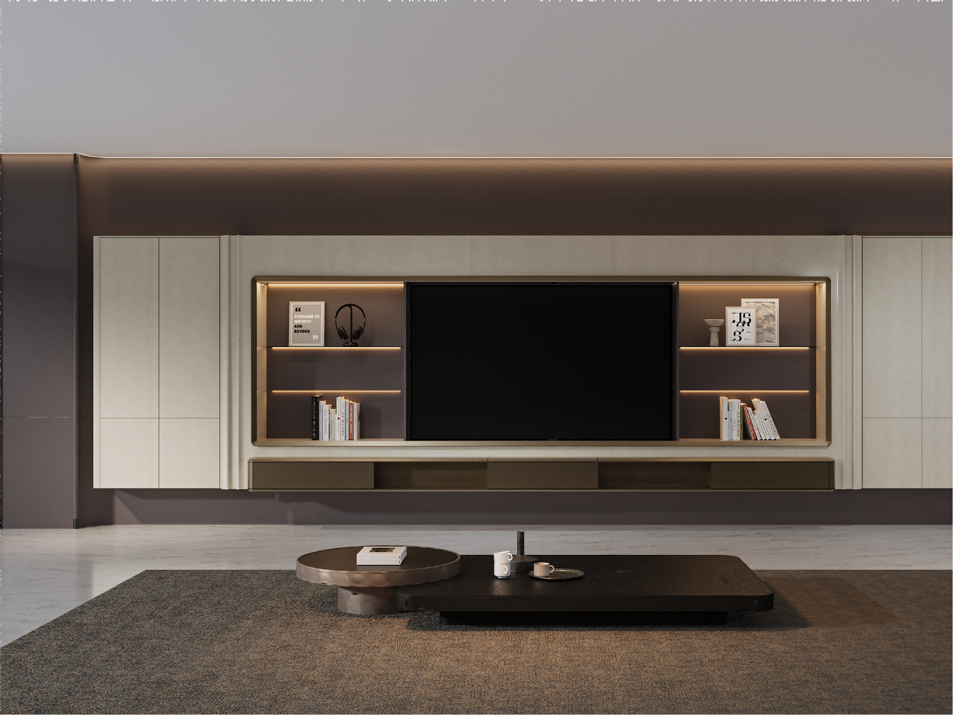 Quiet Luxury High Gloss Shadow Wood Tone Custom TV Wall Cabinet-boyue