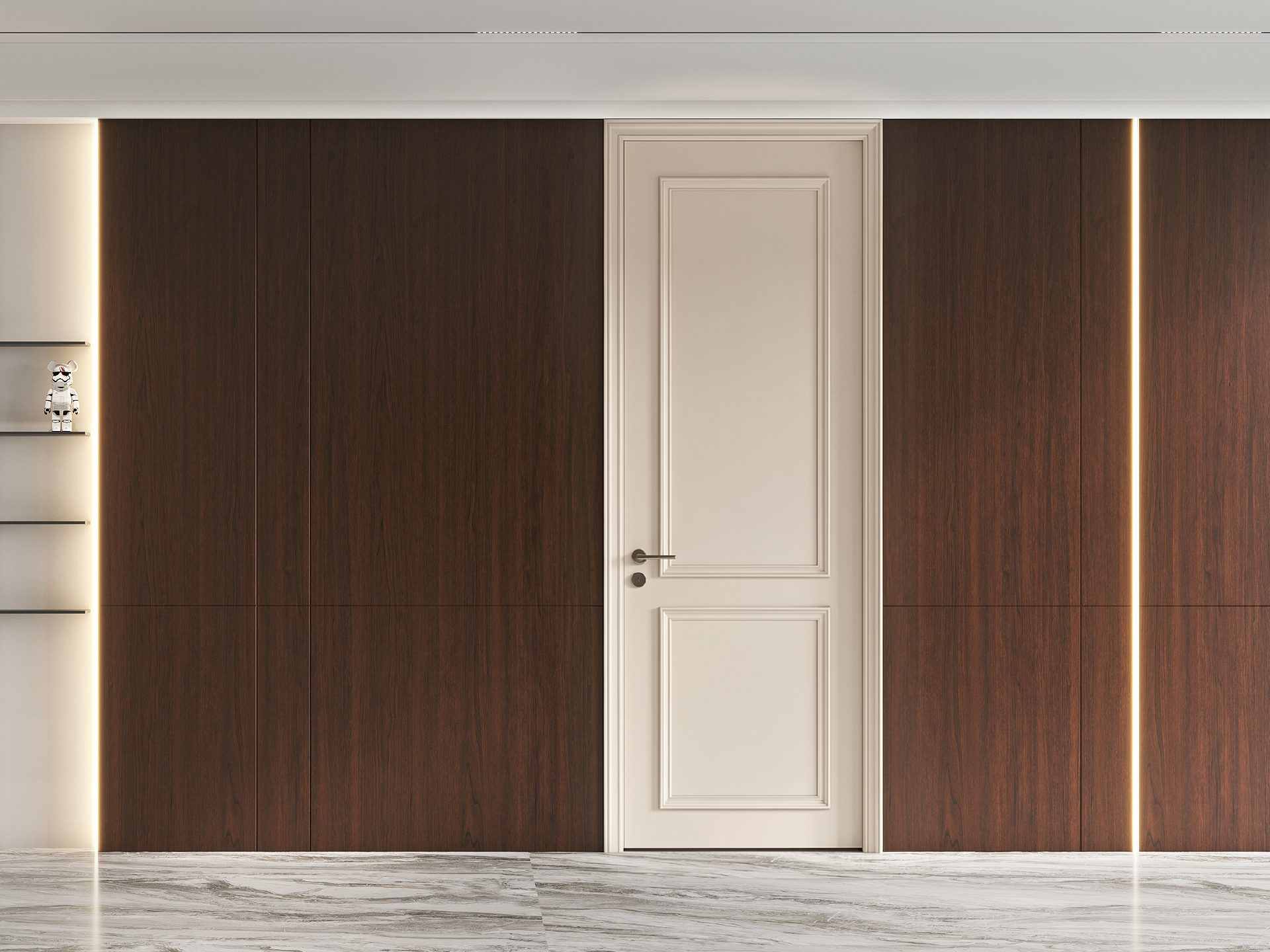 Custom Modern Milk White Painted Interior Door with Double Rectangular Molding Frame, Wall Panel Integrated for Residential Use - GE007