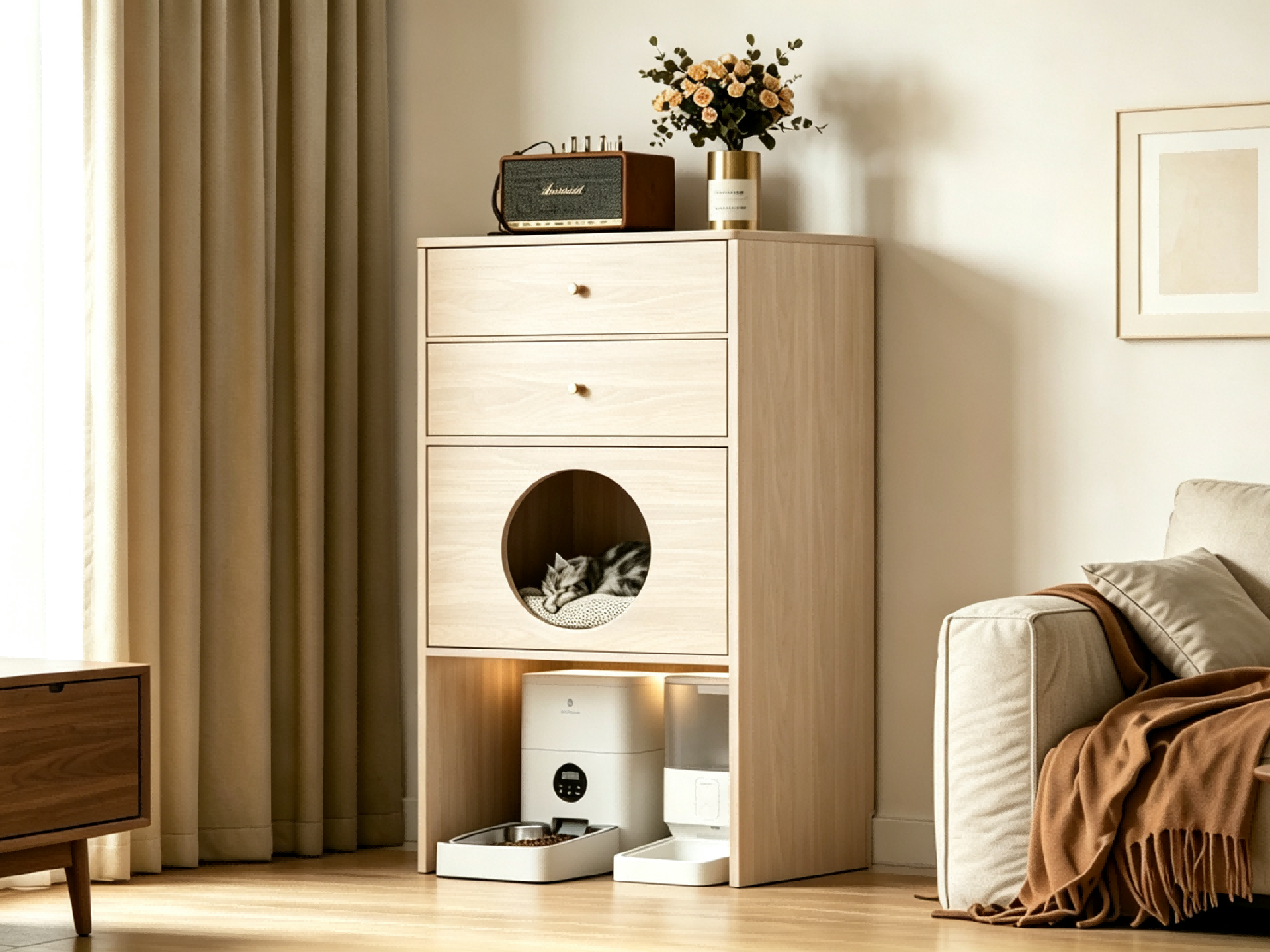 Wood Cat Cabinet with Feeding Station