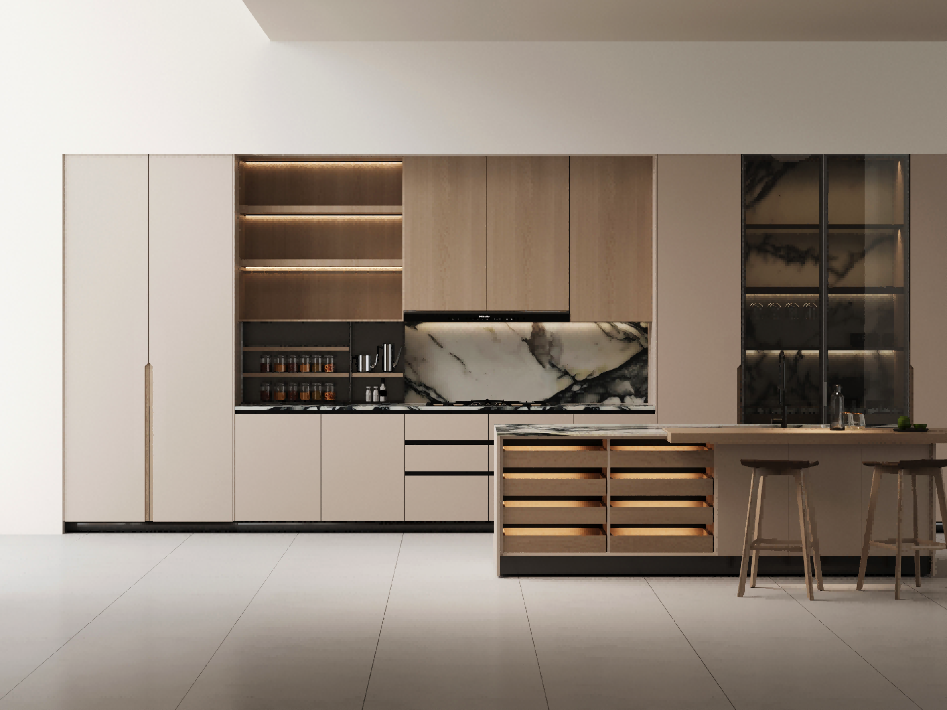 Modern Log-style Light-wood Apricot Tone Integrated Kitchen-Dining Cabinet - JIANYUE